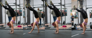 side by side images of a woman doing a handstand walk
