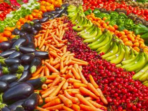 Colorful array of hundreds of fruits and vegetables.