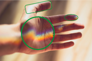 Image of a hand with a circle on the palm, rectangle on the thumb, and oval on the index fingertip.