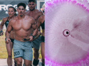 Three athletes in the CrossFit Games running toward the camera next to an image of gut bacteria.