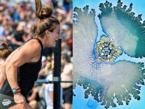 Female athlete celebrating by jumping in the air next to an image of a microbiome.