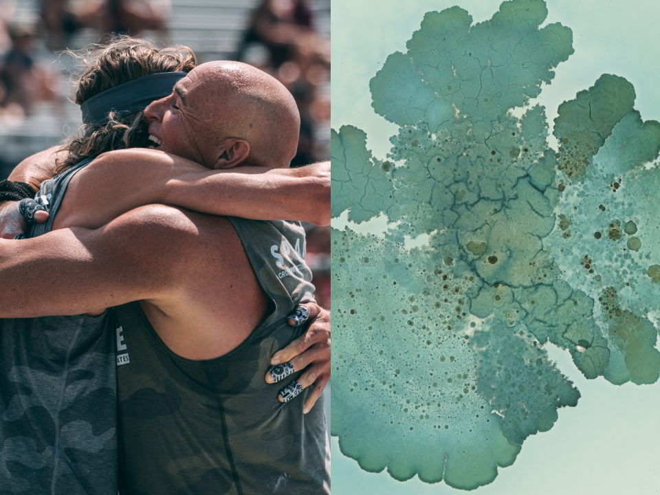 Two masters athletes embrace next to an image of a gut microbiome.