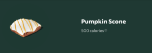 Pumpkin scone nutrition label with 500 calories listed per item.