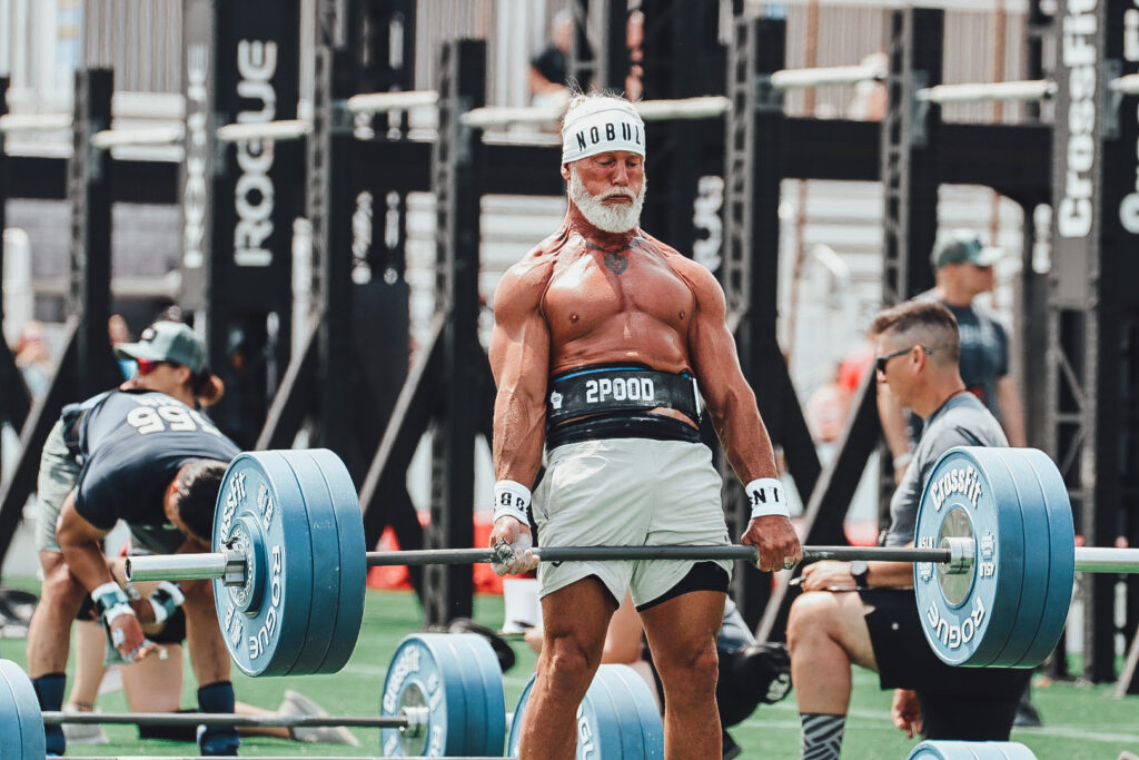 Invictus Masters Athlete, Kevin Koester, uses the grinding breath technique while grinding out deadlifts at the 2023 CrossFit Games.