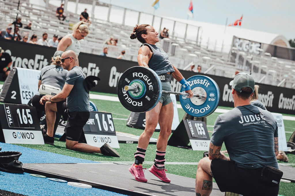 Invictus Masters Athlete, Jenn Ryan, Snatching at the 2023 CrossFit Games Olympic Total event.