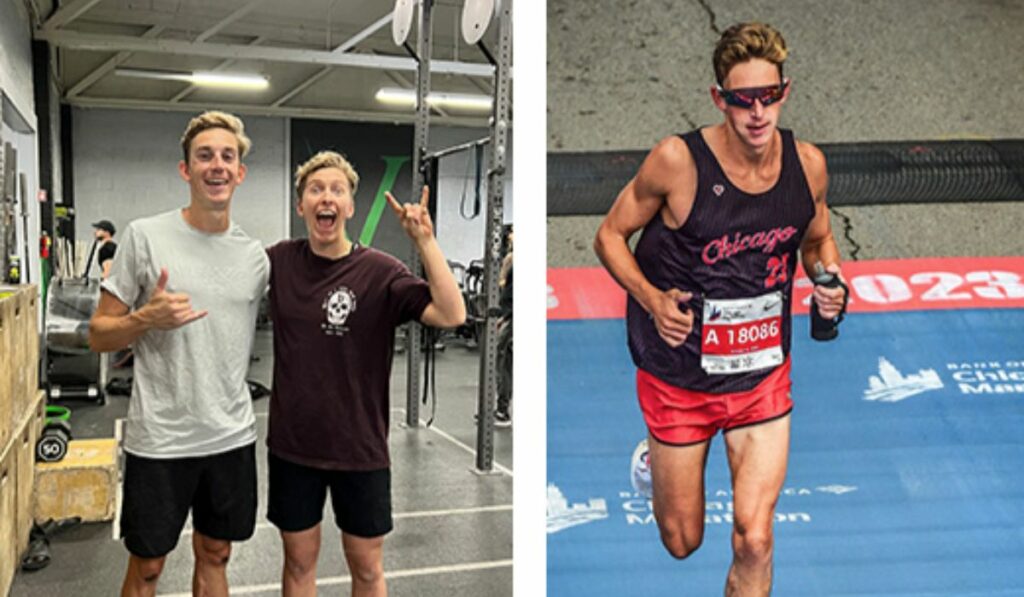 2 side by side pictures. Billy poses with Kirsten at Invictus San Diego, and Billy running his marathon.